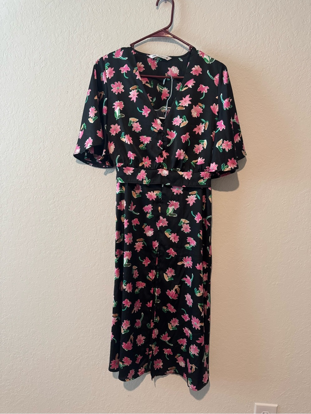 Zara Black Dress Skirt Set with Pink Floral Print